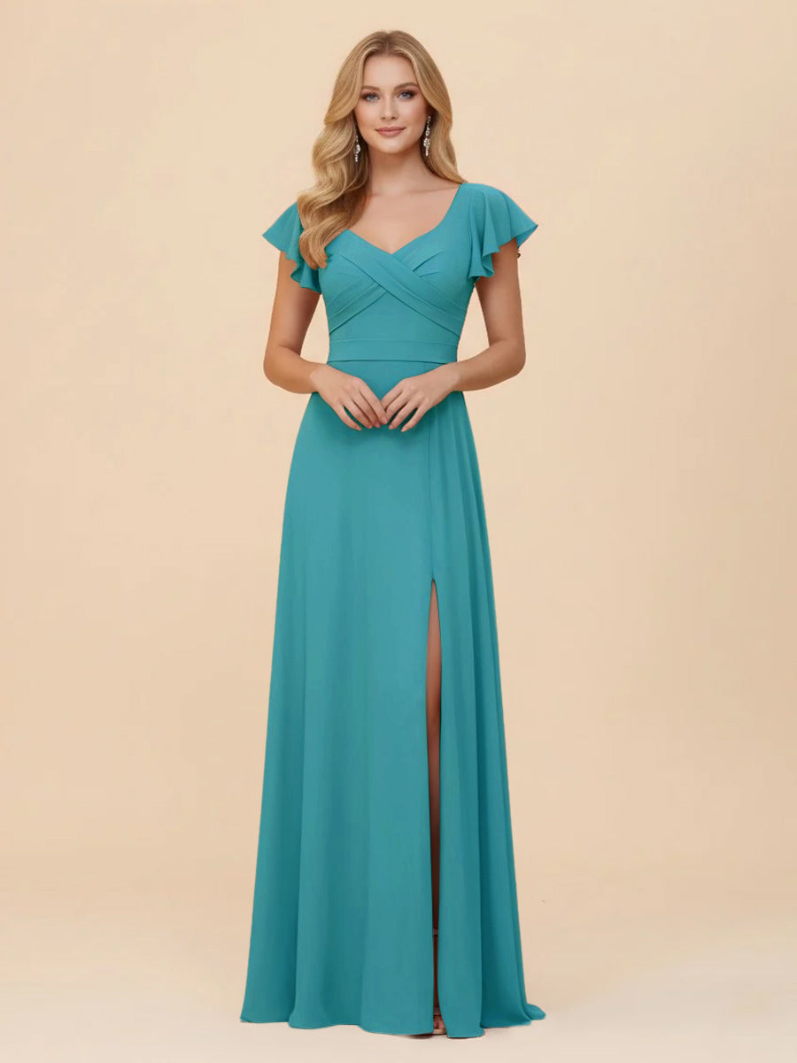 Short Sleeves Chiffon Bridesmaid Dresses with Slit