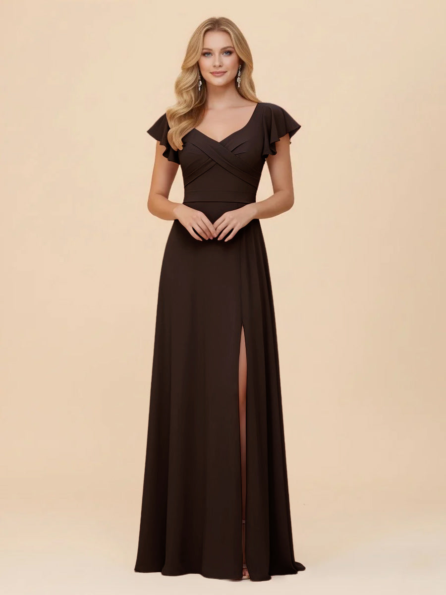 Short Sleeves Chiffon Bridesmaid Dresses with Slit
