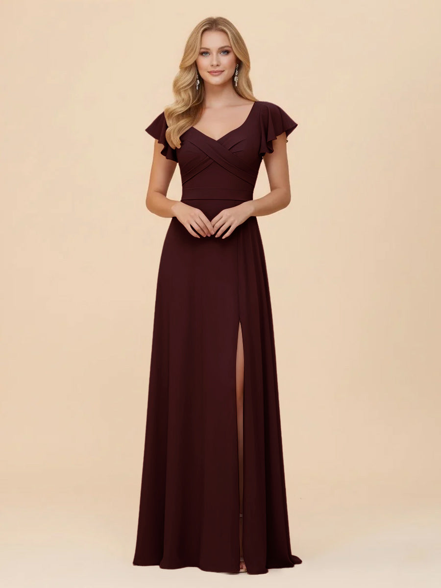 Short Sleeves Chiffon Bridesmaid Dresses with Slit