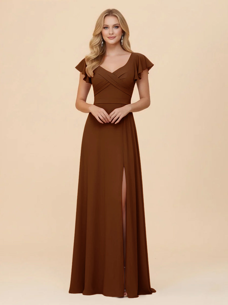 Short Sleeves Chiffon Bridesmaid Dresses with Slit
