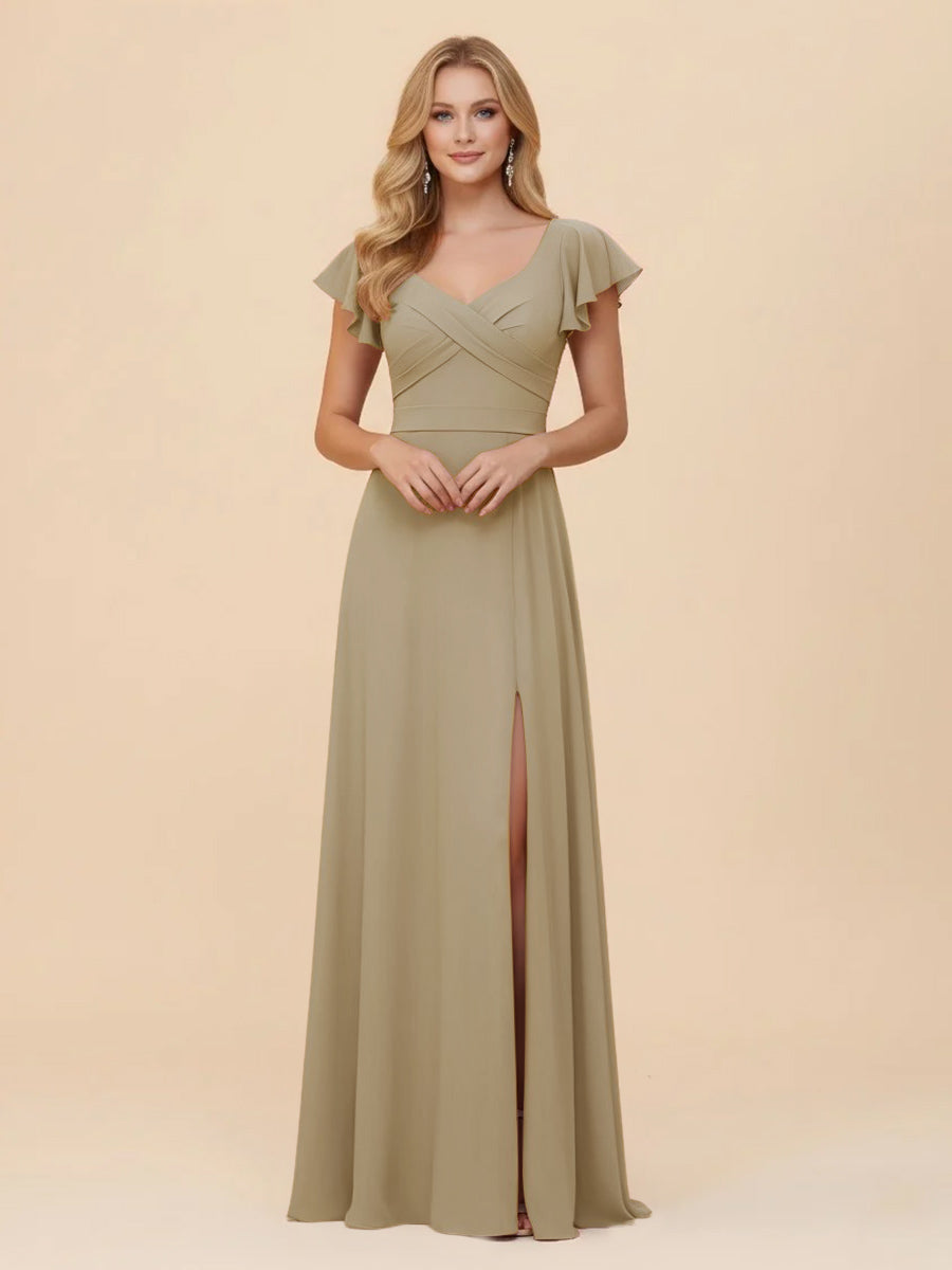 Short Sleeves Chiffon Bridesmaid Dresses with Slit