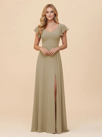 Short Sleeves Chiffon Bridesmaid Dresses with Slit