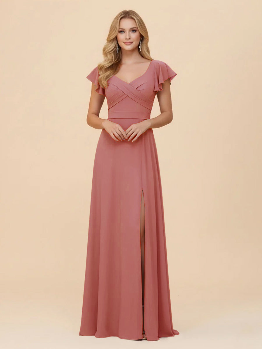Short Sleeves Chiffon Bridesmaid Dresses with Slit