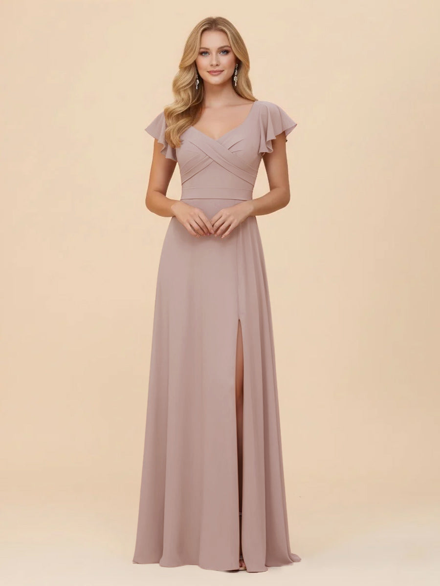 Short Sleeves Chiffon Bridesmaid Dresses with Slit