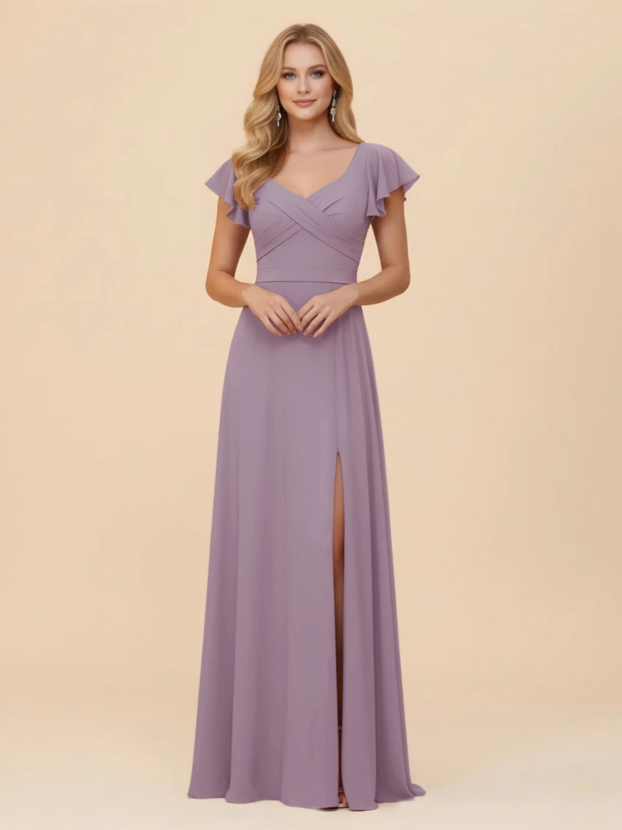 Short Sleeves Chiffon Bridesmaid Dresses with Slit