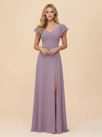 Short Sleeves Chiffon Bridesmaid Dresses with Slit