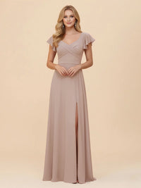 Short Sleeves Chiffon Bridesmaid Dresses with Slit