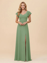 Short Sleeves Chiffon Bridesmaid Dresses with Slit
