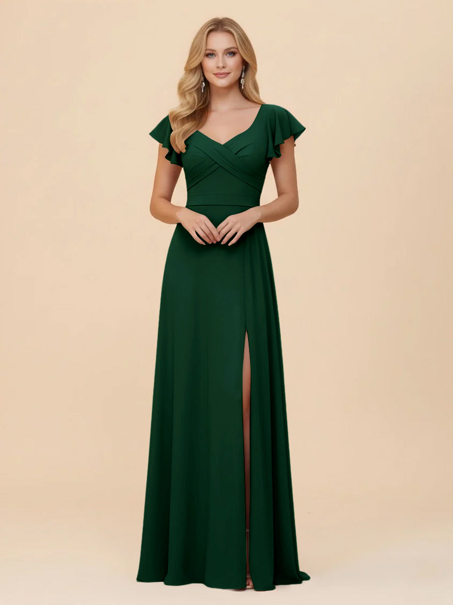 Short Sleeves Chiffon Bridesmaid Dresses with Slit