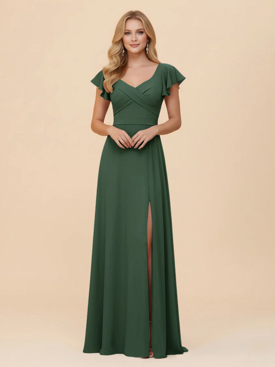 Short Sleeves Chiffon Bridesmaid Dresses with Slit