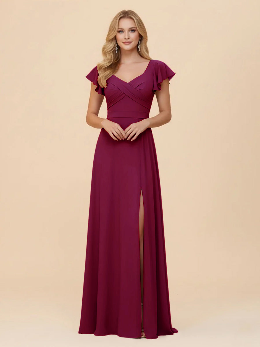 Short Sleeves Chiffon Bridesmaid Dresses with Slit
