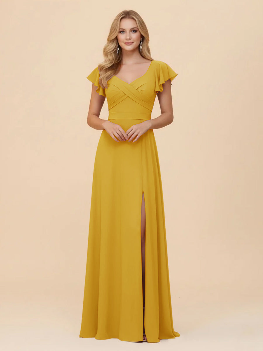 Short Sleeves Chiffon Bridesmaid Dresses with Slit