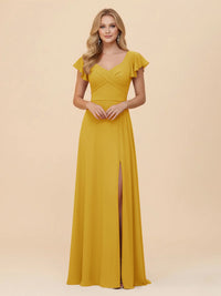 Short Sleeves Chiffon Bridesmaid Dresses with Slit