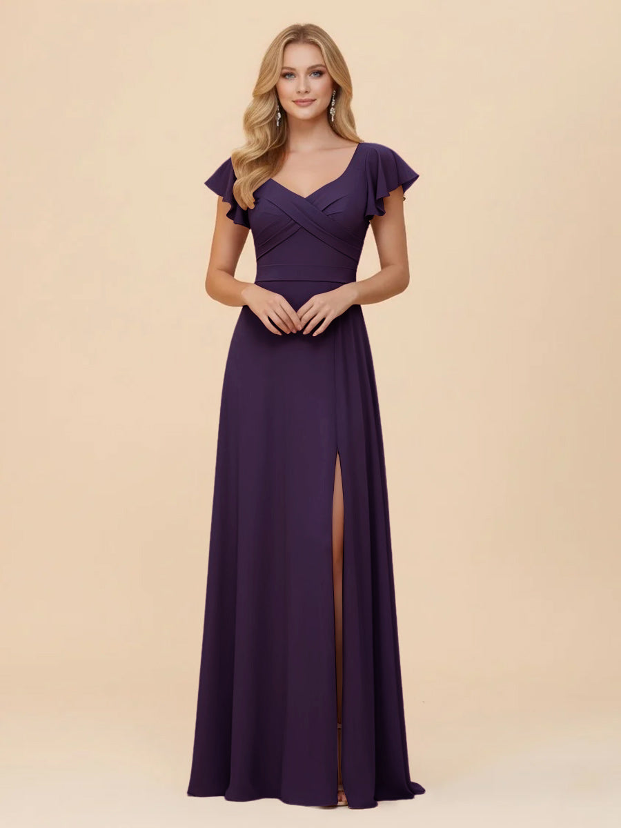 Short Sleeves Chiffon Bridesmaid Dresses with Slit