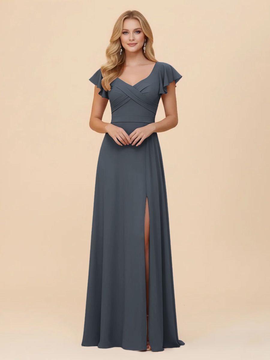 Short Sleeves Chiffon Bridesmaid Dresses with Slit
