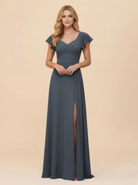 Short Sleeves Chiffon Bridesmaid Dresses with Slit