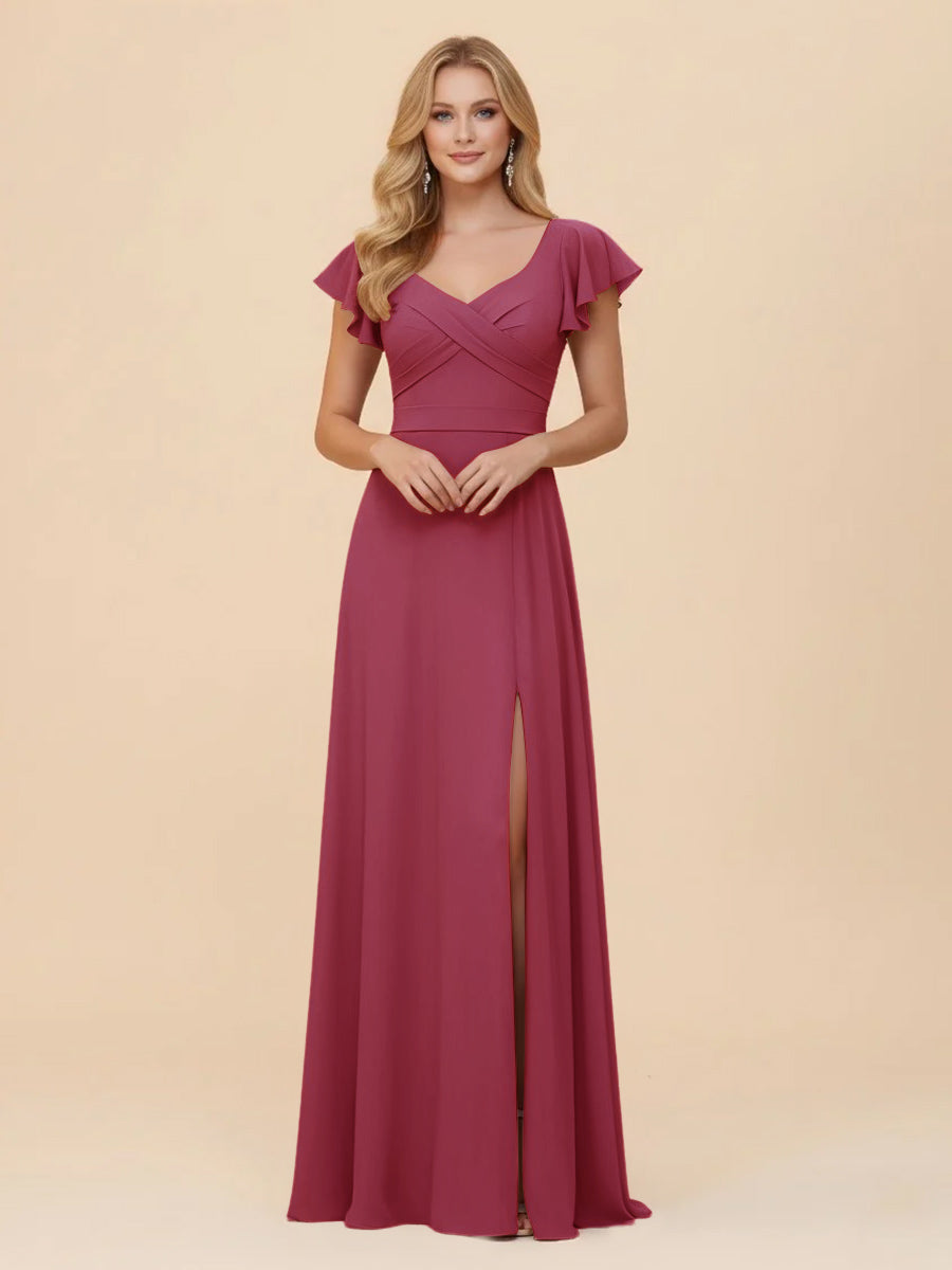 Short Sleeves Chiffon Bridesmaid Dresses with Slit