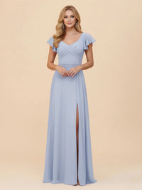 Short Sleeves Chiffon Bridesmaid Dresses with Slit