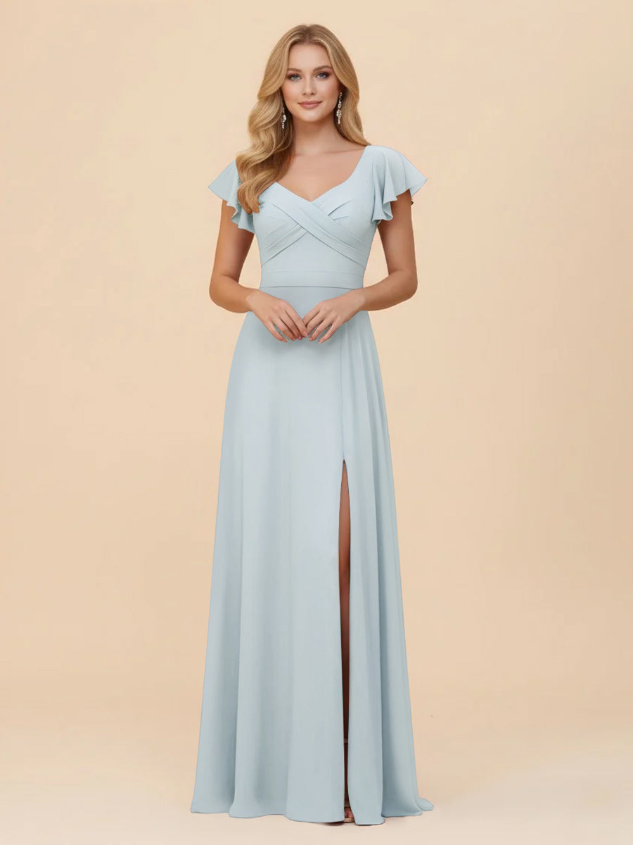 Short Sleeves Chiffon Bridesmaid Dresses with Slit