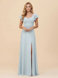 Short Sleeves Chiffon Bridesmaid Dresses with Slit