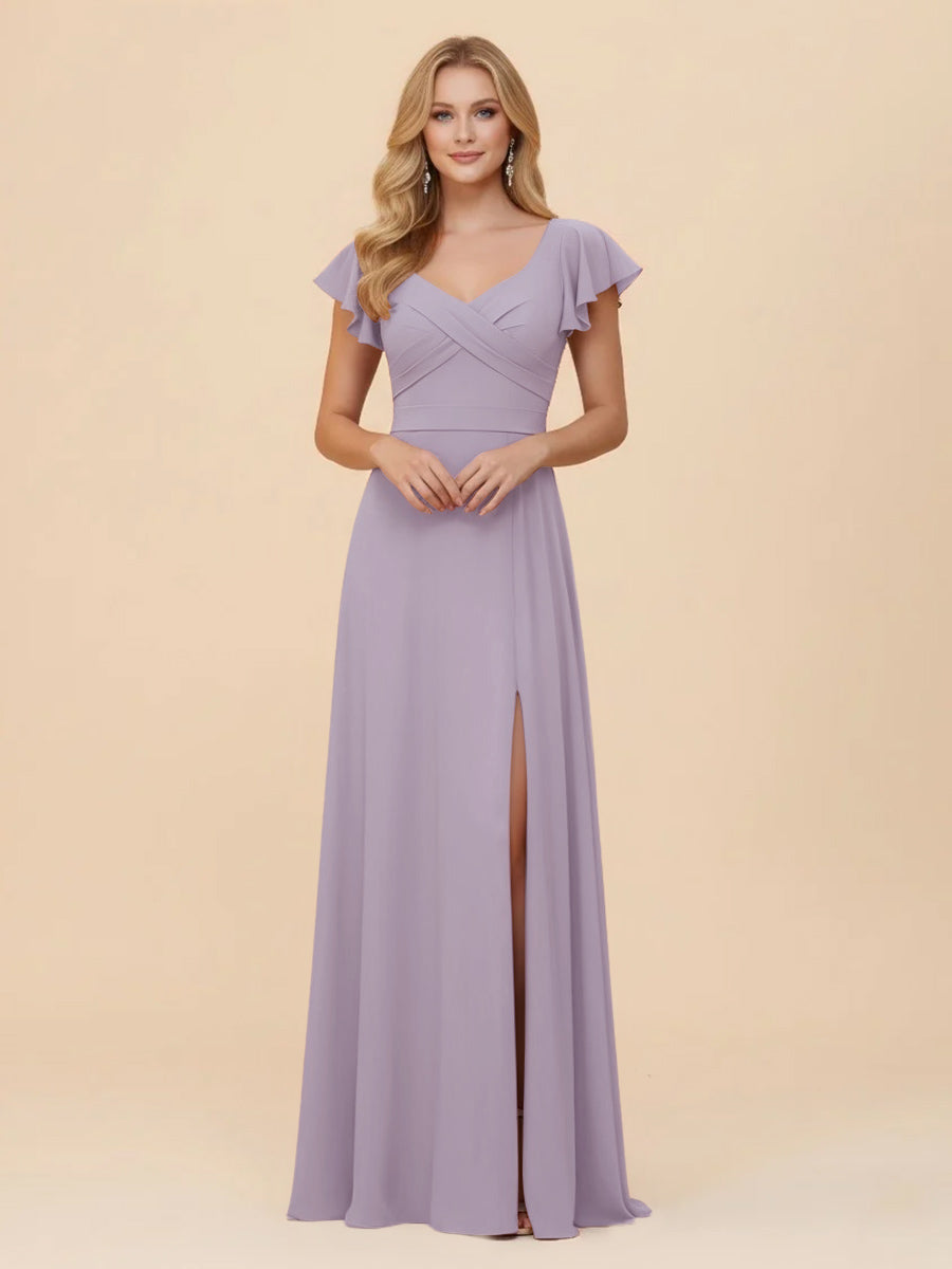 Short Sleeves Chiffon Bridesmaid Dresses with Slit