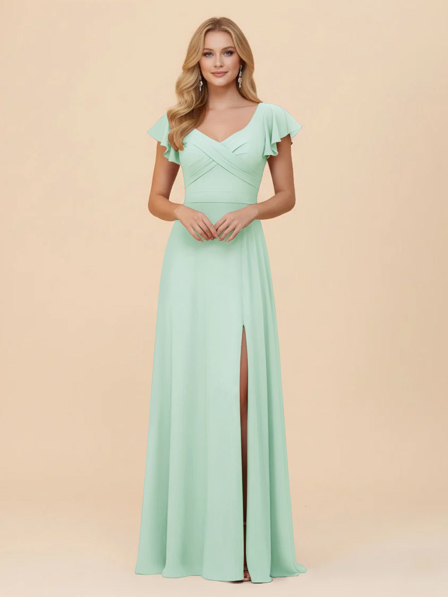 Short Sleeves Chiffon Bridesmaid Dresses with Slit