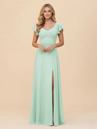 Short Sleeves Chiffon Bridesmaid Dresses with Slit
