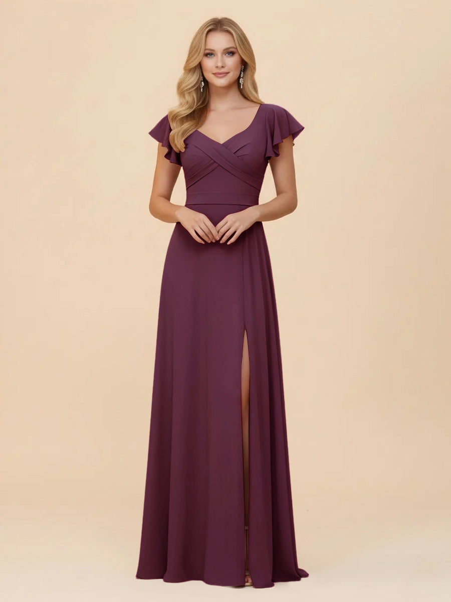 Short Sleeves Chiffon Bridesmaid Dresses with Slit