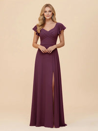 Short Sleeves Chiffon Bridesmaid Dresses with Slit