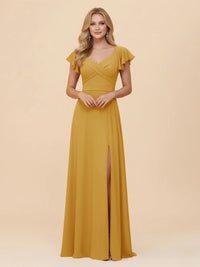 Short Sleeves Chiffon Bridesmaid Dresses with Slit