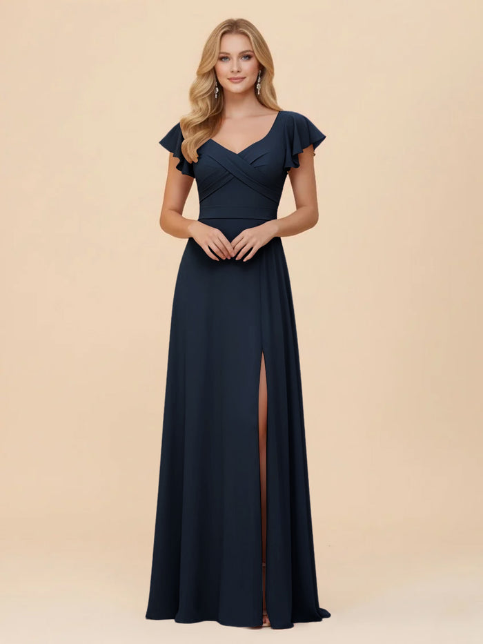 Short Sleeves Chiffon Bridesmaid Dresses with Slit