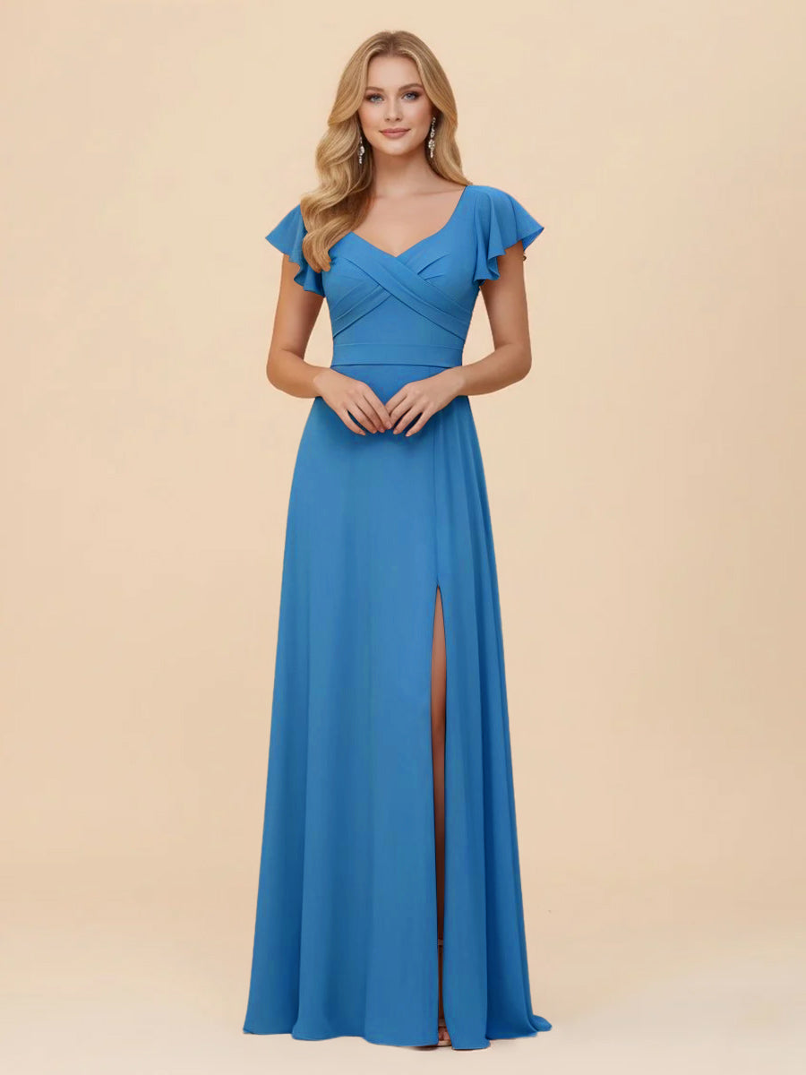 Short Sleeves Chiffon Bridesmaid Dresses with Slit