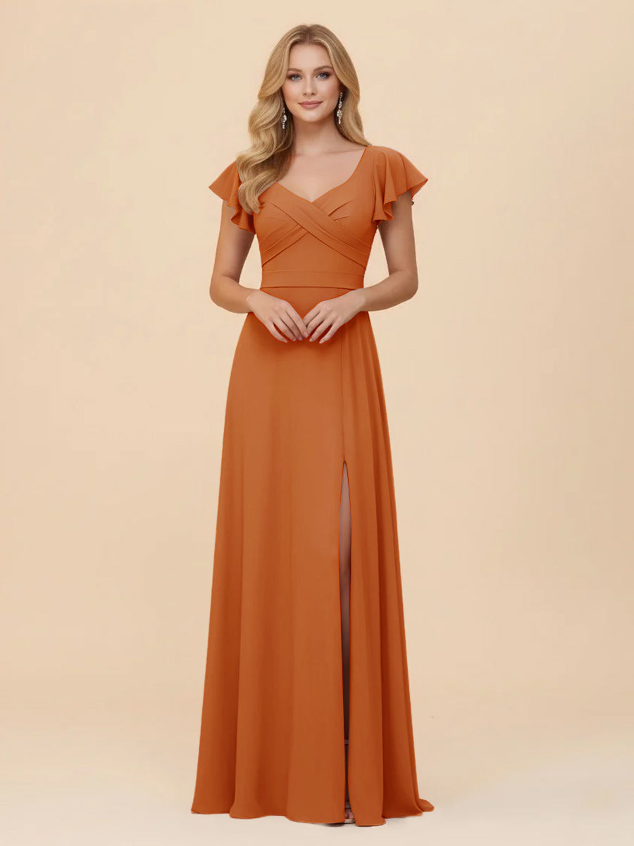 Short Sleeves Chiffon Bridesmaid Dresses with Slit