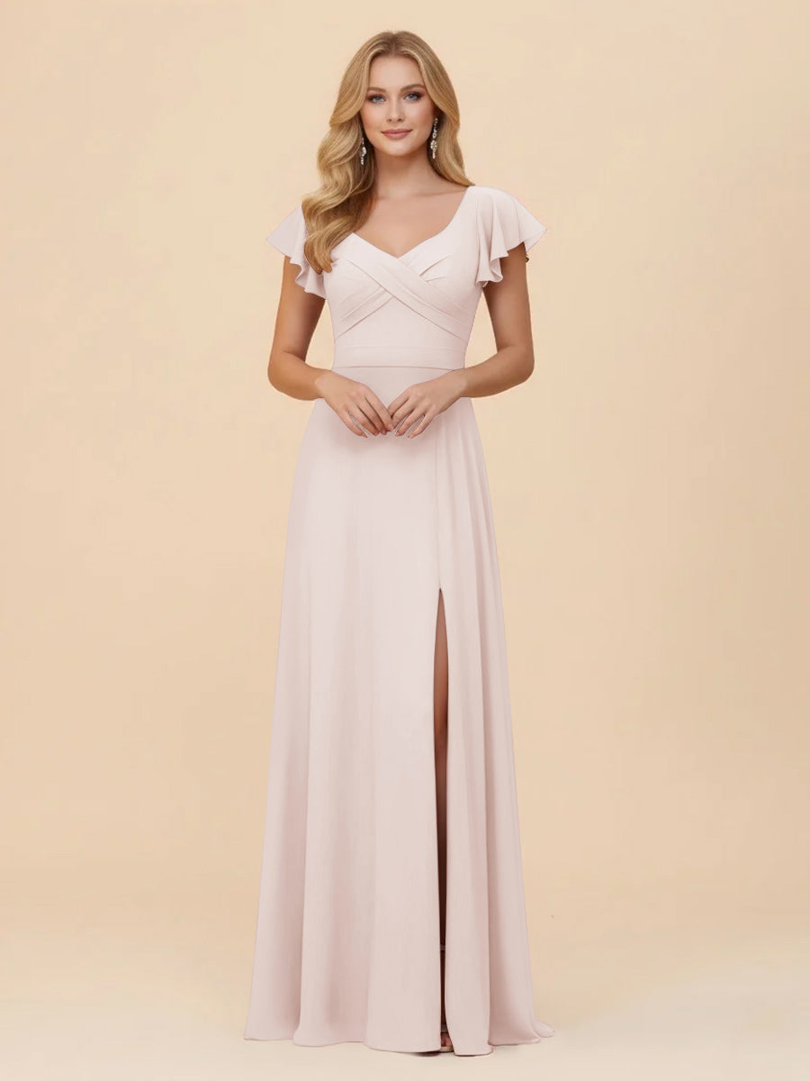 Short Sleeves Chiffon Bridesmaid Dresses with Slit