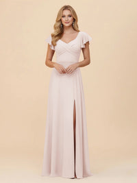 Short Sleeves Chiffon Bridesmaid Dresses with Slit
