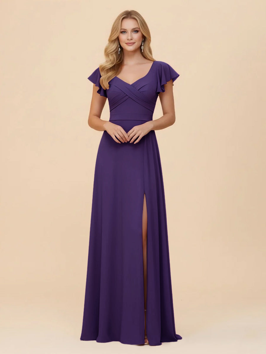 Short Sleeves Chiffon Bridesmaid Dresses with Slit