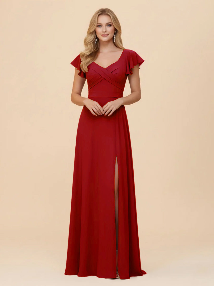 Short Sleeves Chiffon Bridesmaid Dresses with Slit