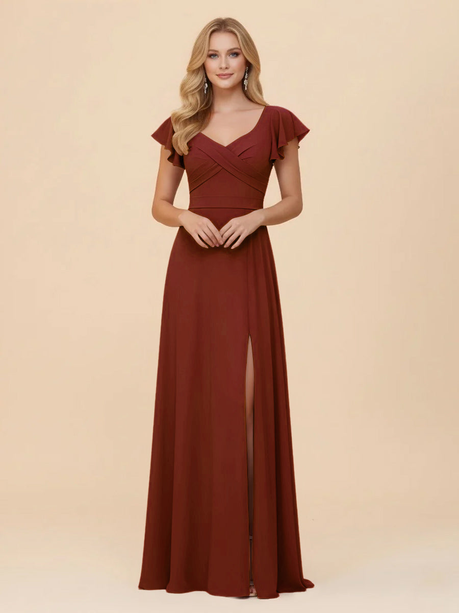Short Sleeves Chiffon Bridesmaid Dresses with Slit