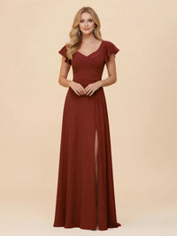 Short Sleeves Chiffon Bridesmaid Dresses with Slit