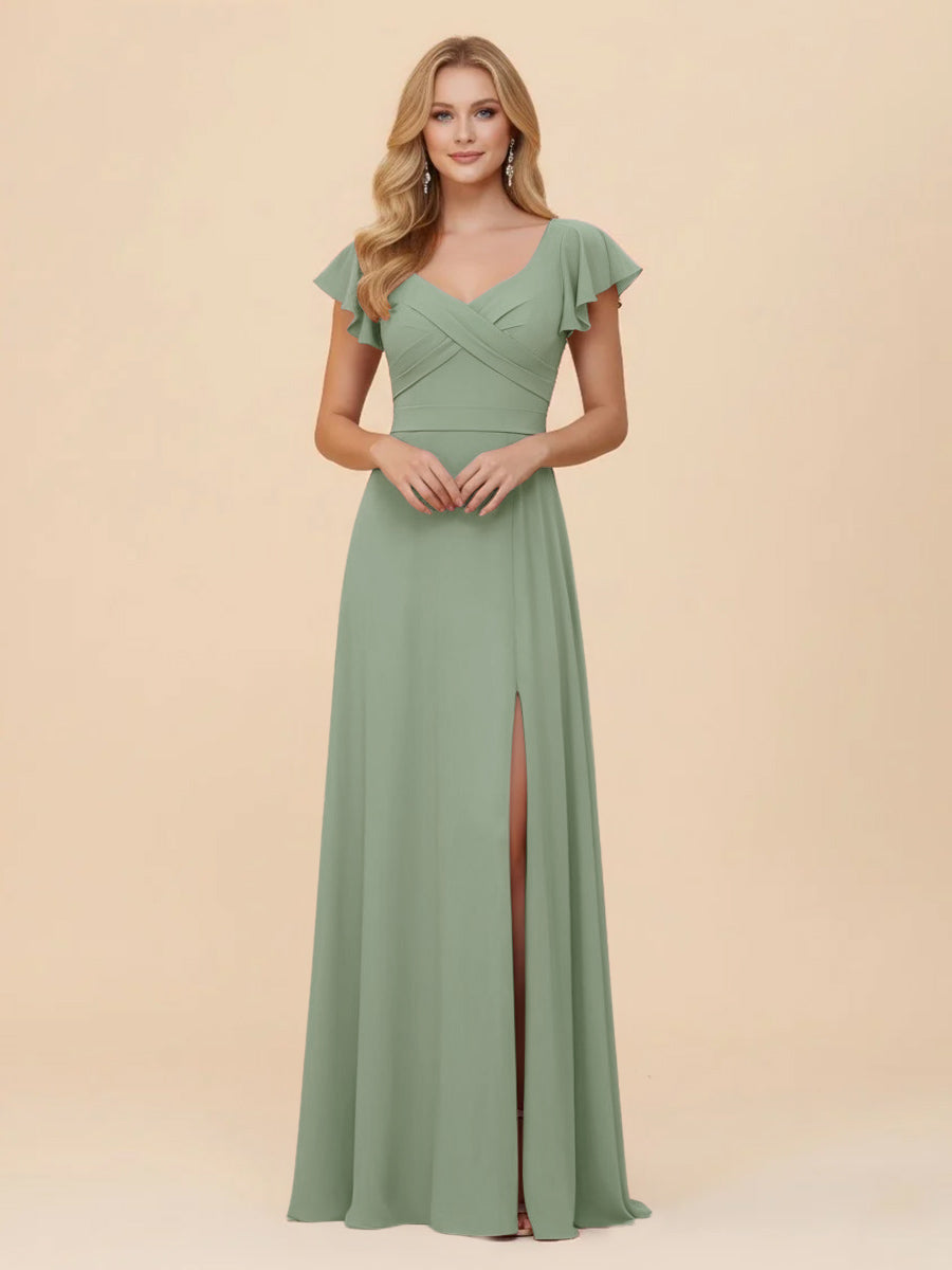 Short Sleeves Chiffon Bridesmaid Dresses with Slit