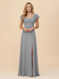 Short Sleeves Chiffon Bridesmaid Dresses with Slit