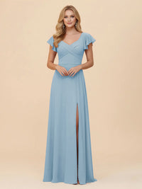 Short Sleeves Chiffon Bridesmaid Dresses with Slit
