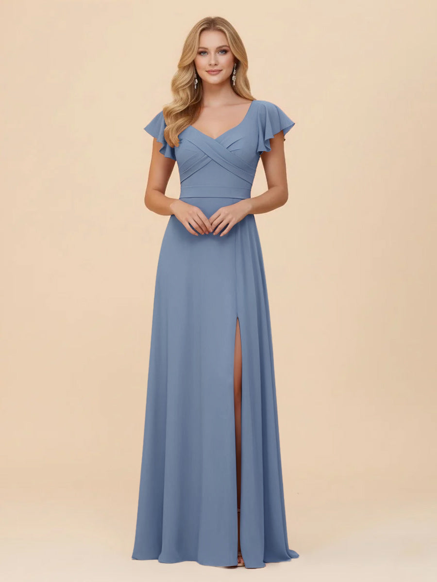 Short Sleeves Chiffon Bridesmaid Dresses with Slit