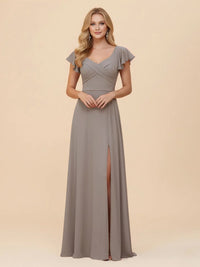 Short Sleeves Chiffon Bridesmaid Dresses with Slit