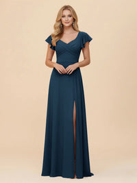 Short Sleeves Chiffon Bridesmaid Dresses with Slit