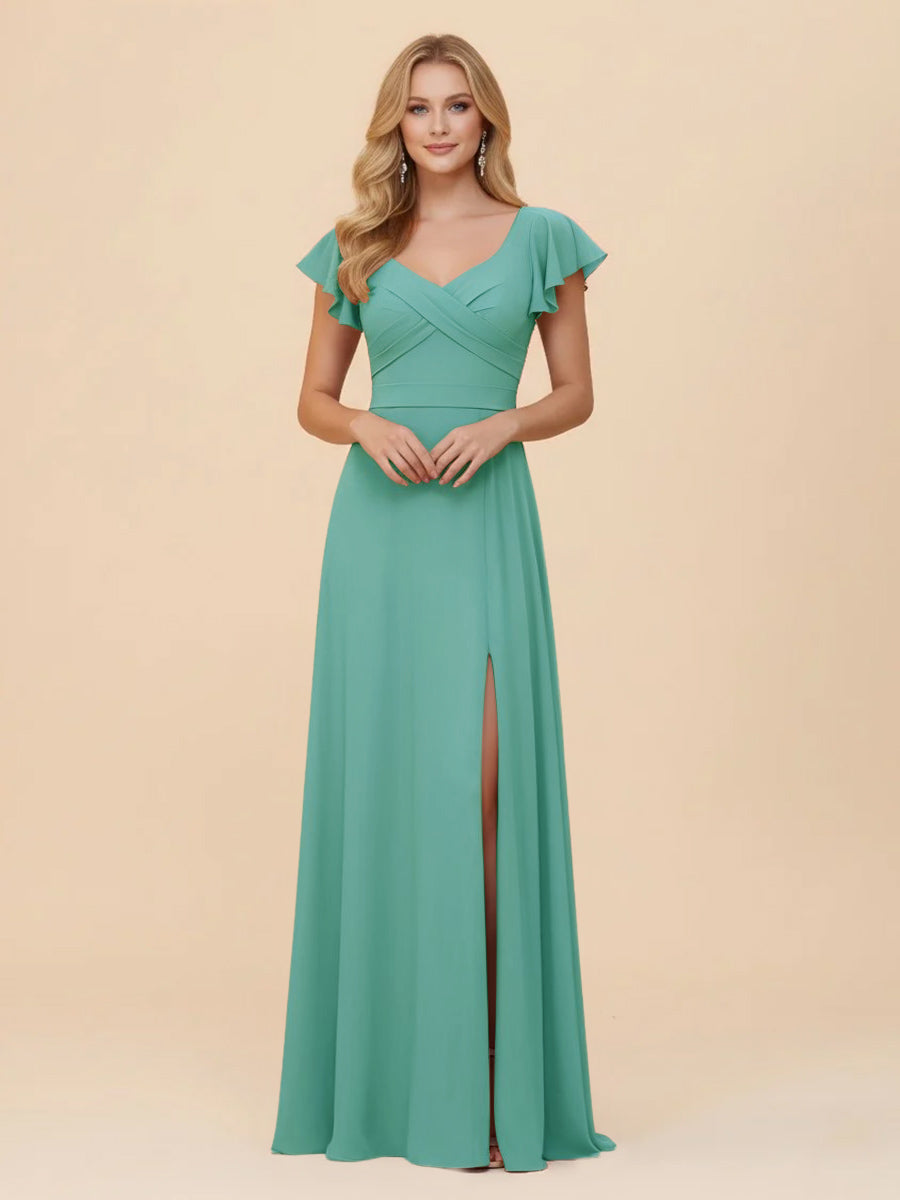 Short Sleeves Chiffon Bridesmaid Dresses with Slit