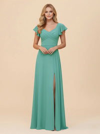 Short Sleeves Chiffon Bridesmaid Dresses with Slit