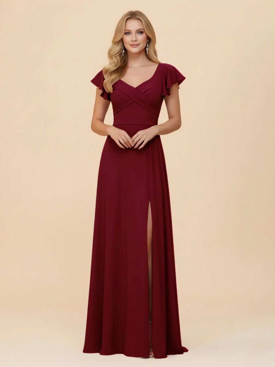 Short Sleeves Chiffon Bridesmaid Dresses with Slit