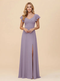 Short Sleeves Chiffon Bridesmaid Dresses with Slit