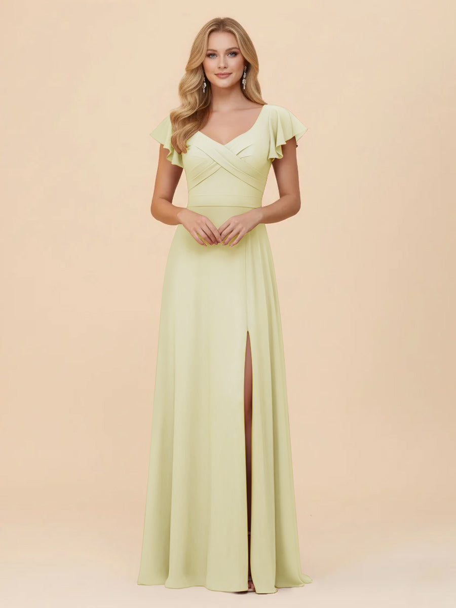 Short Sleeves Chiffon Bridesmaid Dresses with Slit